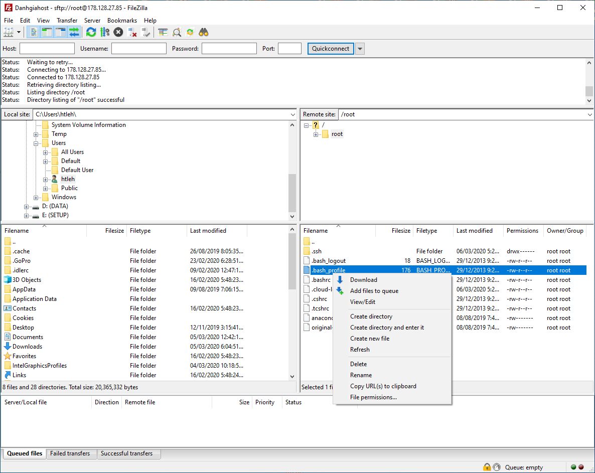 Hướng dẫn sử dụng FileZilla để upload, download, quản lý file và folder trên VPS qua giao thức SFTP