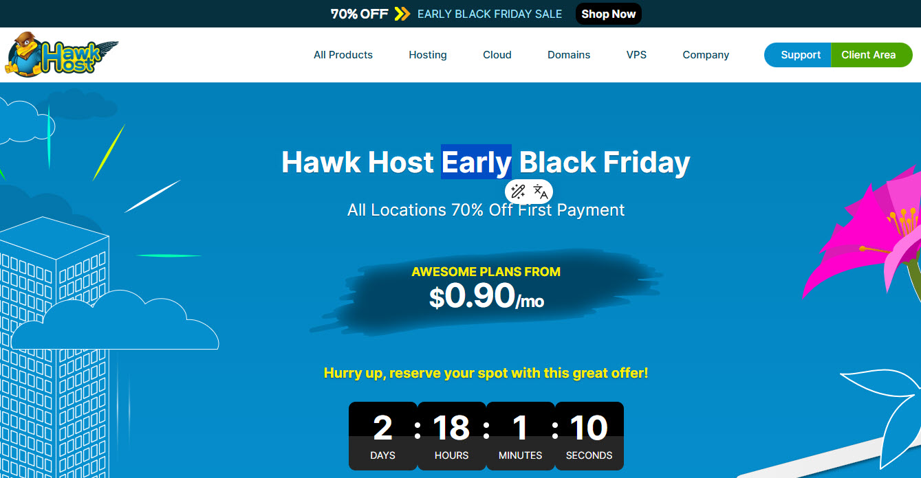 [Early BLACK FRIDAY 2025] HawkHost tung ưu đãi 70% (Lần thanh toán đầu) cho Hosting NVMe!